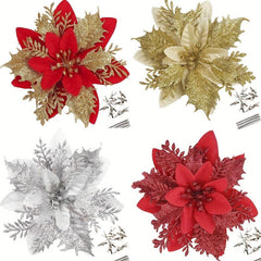 5pcs Gold Poinsettia Artificial Flowers with Clips and Stems for Christmas