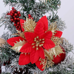 5pcs Gold Poinsettia Artificial Flowers with Clips and Stems for Christmas
