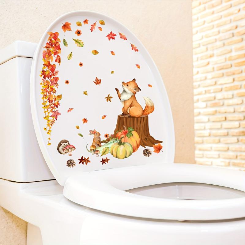 Autumn Scene Toilet Sticker - Maple Leaf Pumpkin Squirrel Wall Decoration