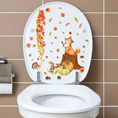 Autumn Scene Toilet Sticker - Maple Leaf Pumpkin Squirrel Wall Decoration