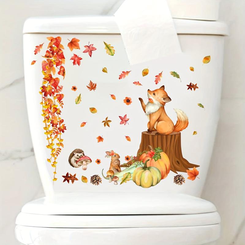 Autumn Scene Toilet Sticker - Maple Leaf Pumpkin Squirrel Wall Decoration