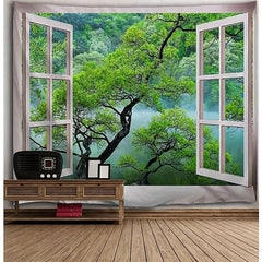 Window Tree Forest Wall Tapestry Art Decor Picnic Tablecloth Wall Hanging
