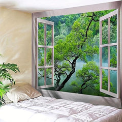 Window Tree Forest Wall Tapestry Art Decor Picnic Tablecloth Wall Hanging