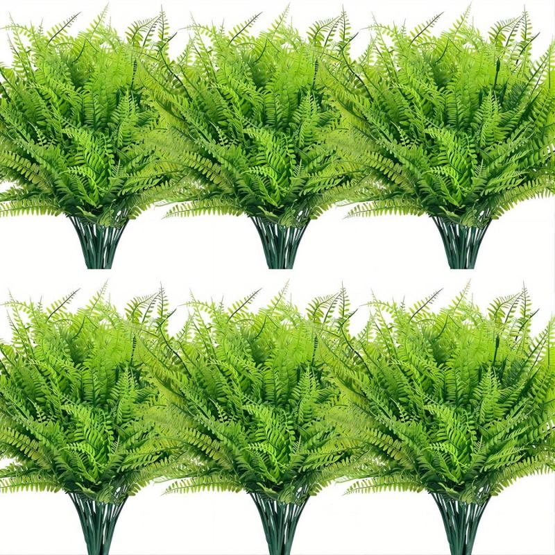 6pcs Artificial Green Plants UV Resistant Plastic Shrubs Outdoor Indoor Decor