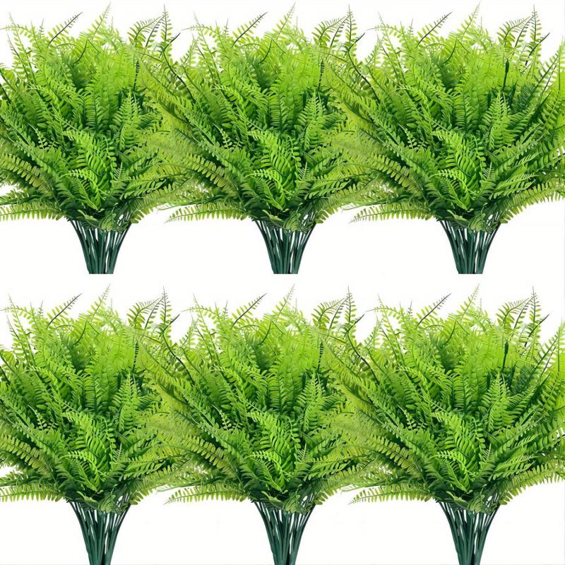 6pcs Artificial Green Plants UV Resistant Plastic Shrubs Outdoor Indoor Decor