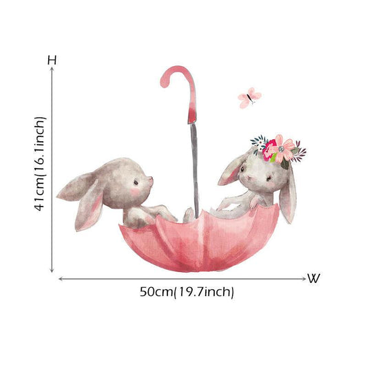 Watercolor Pink Umbrella with Rabbits for Kids Room Decor