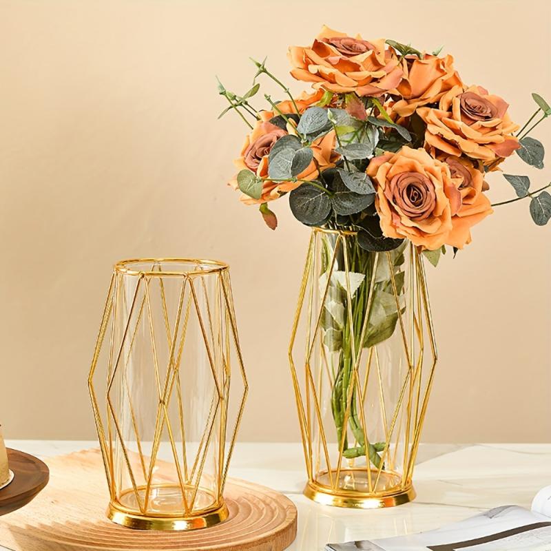 Geometric Glass Vase with Metal Bracket Crystal Transparent Inner Vase