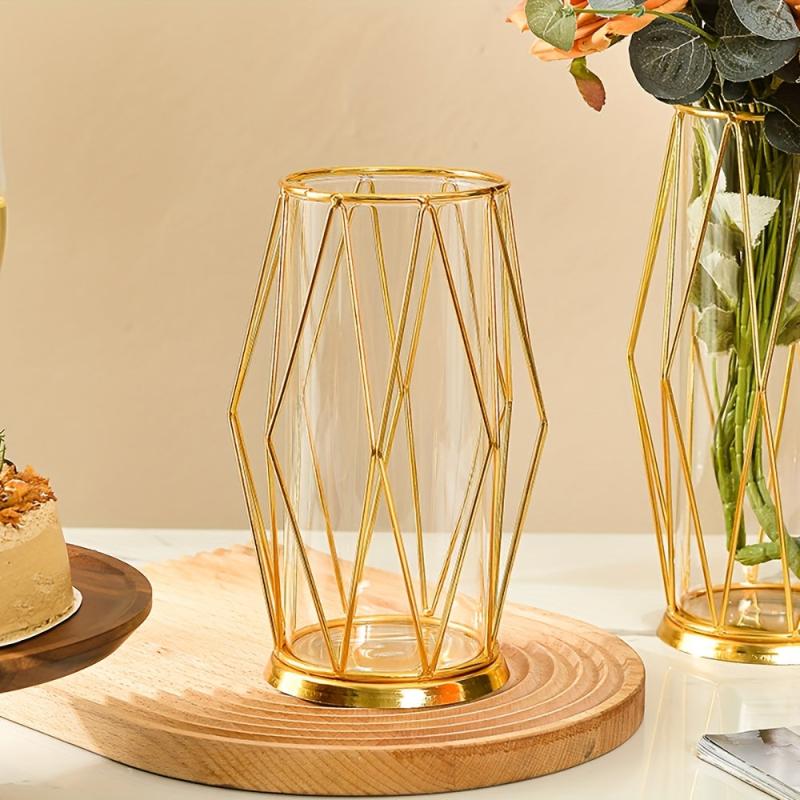 Geometric Glass Vase with Metal Bracket Crystal Transparent Inner Vase