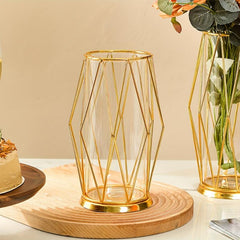 Geometric Glass Vase with Metal Bracket Crystal Transparent Inner Vase