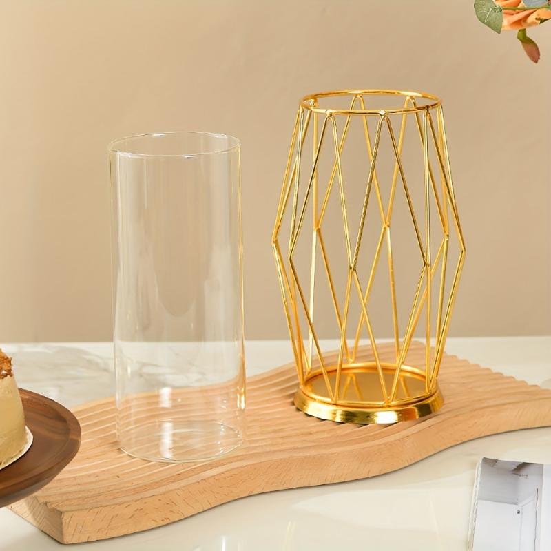 Geometric Glass Vase with Metal Bracket Crystal Transparent Inner Vase
