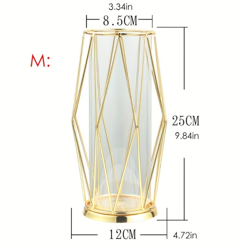 Geometric Glass Vase with Metal Bracket Crystal Transparent Inner Vase
