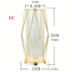 Geometric Glass Vase with Metal Bracket Crystal Transparent Inner Vase