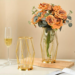 Geometric Glass Vase with Metal Bracket Crystal Transparent Inner Vase