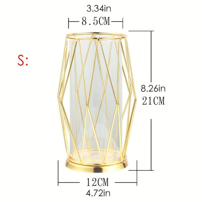 Geometric Glass Vase with Metal Bracket Crystal Transparent Inner Vase