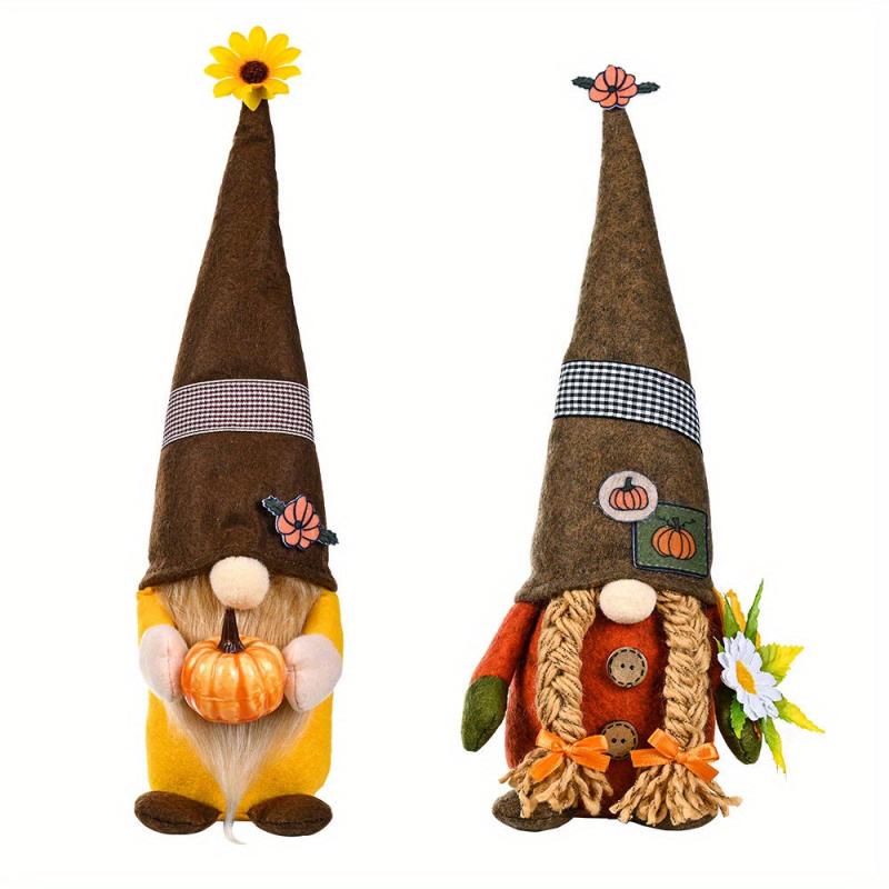 2pcs Fall Gnomes Doll Decoration Boy And Girl Pumpkin Sunflower Ornament