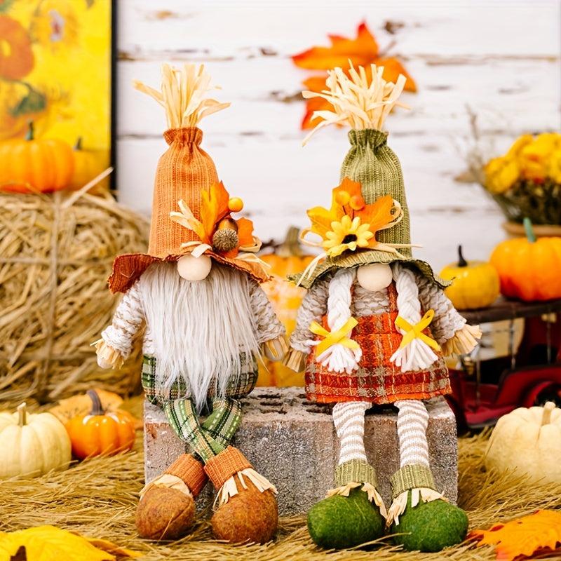 2pcs Fall Gnomes Doll Decoration Boy And Girl Pumpkin Sunflower Ornament