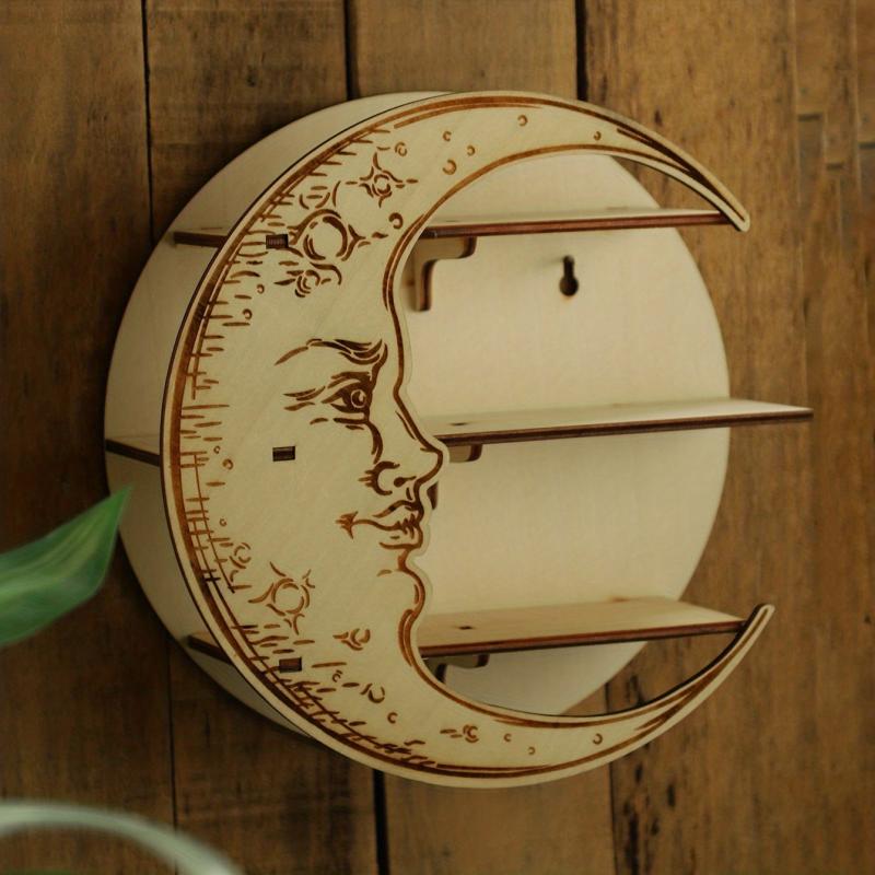Boho Wooden Crystal Moon Wall Shelf - Fall Halloween Decor