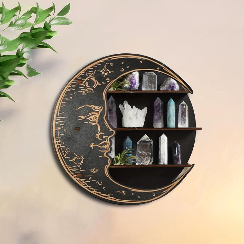 Boho Wooden Crystal Moon Wall Shelf - Fall Halloween Decor