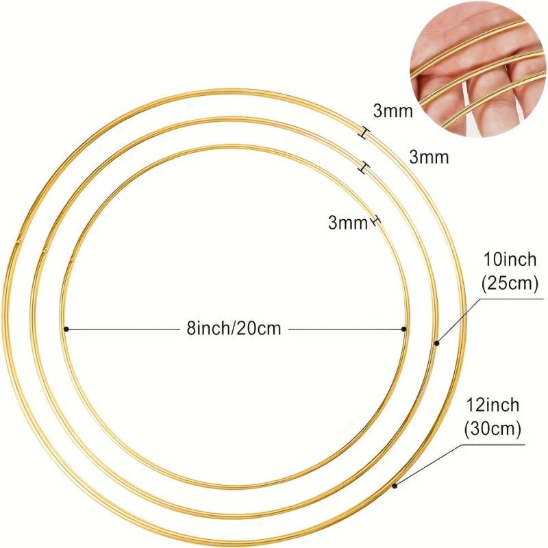 6pcs Metal Floral Hoop Wreath Macrame Golden Hoop Rings - 8, 10 & 30 48 Cm