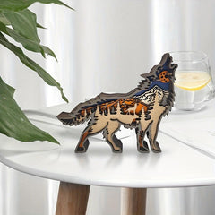 3D Wolf Wood Carving Gift with Lights Retro Handcraft for Bedroom