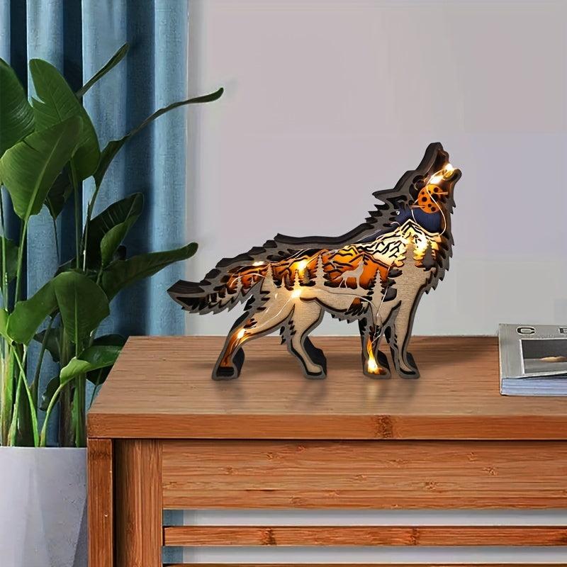 3D Wolf Wood Carving Gift with Lights Retro Handcraft for Bedroom