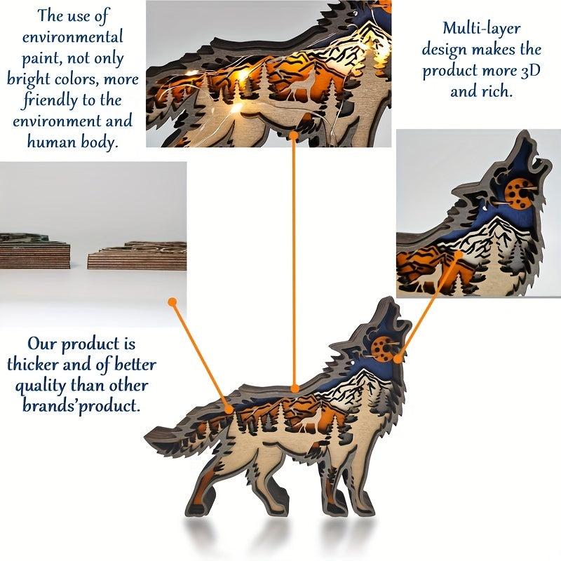 3D Wolf Wood Carving Gift with Lights Retro Handcraft for Bedroom