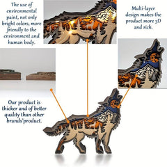 3D Wolf Wood Carving Gift with Lights Retro Handcraft for Bedroom