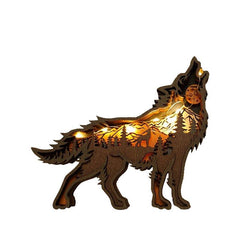 3D Wolf Wood Carving Gift with Lights Retro Handcraft for Bedroom