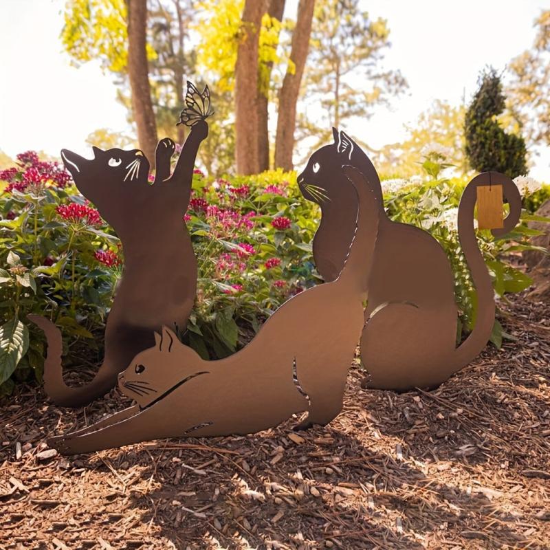 3-Piece Metal Wrought Iron Cat Set Animal Silhouette Garden Decoration