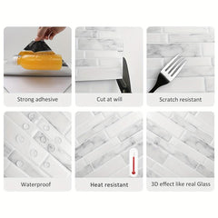10 Sheets Tile Sticker Modern Marble Patterned 3D Backsplash Peel and Stick Tile