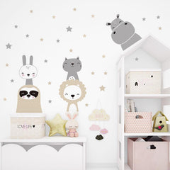2pcs Animal Star Wall Stickers: Bear and Rabbit Decals for Home Decor