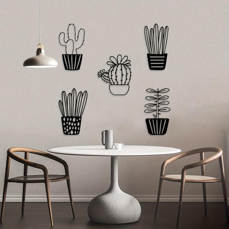 5pcs Set Metal Cactus Wall Decor Minimalist Succulent Plant Pot Flower Wall Art