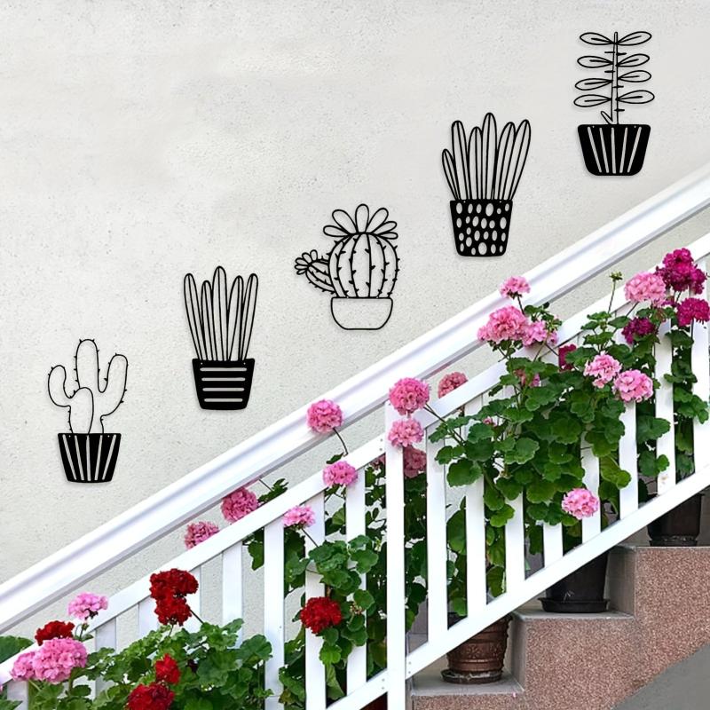 5pcs Set Metal Cactus Wall Decor Minimalist Succulent Plant Pot Flower Wall Art