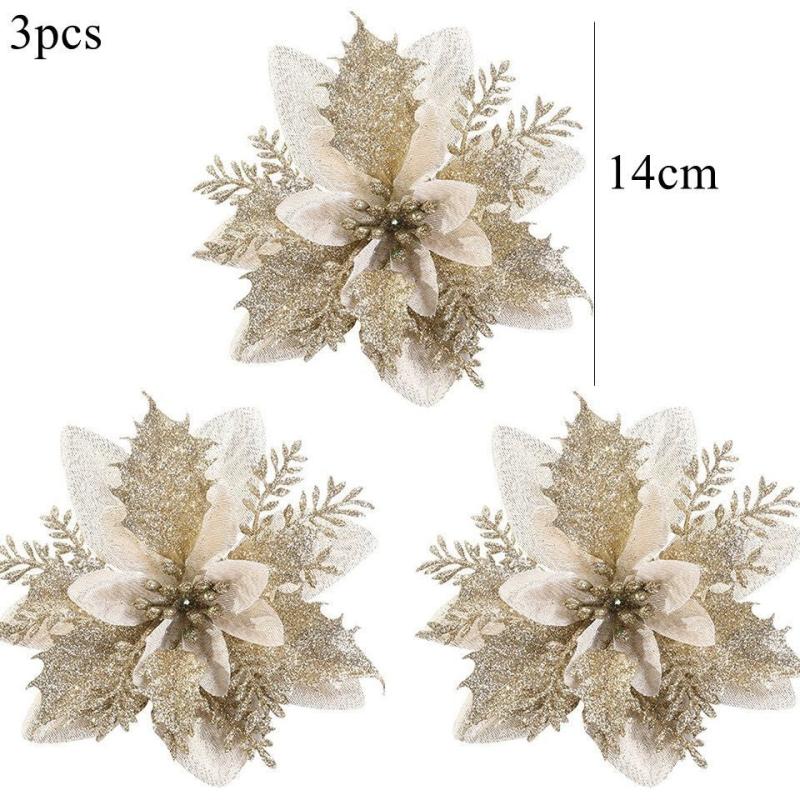 3pcs Sparkling Poinsettia Tree Ornaments for Christmas Decor