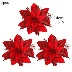 3pcs Sparkling Poinsettia Tree Ornaments for Christmas Decor
