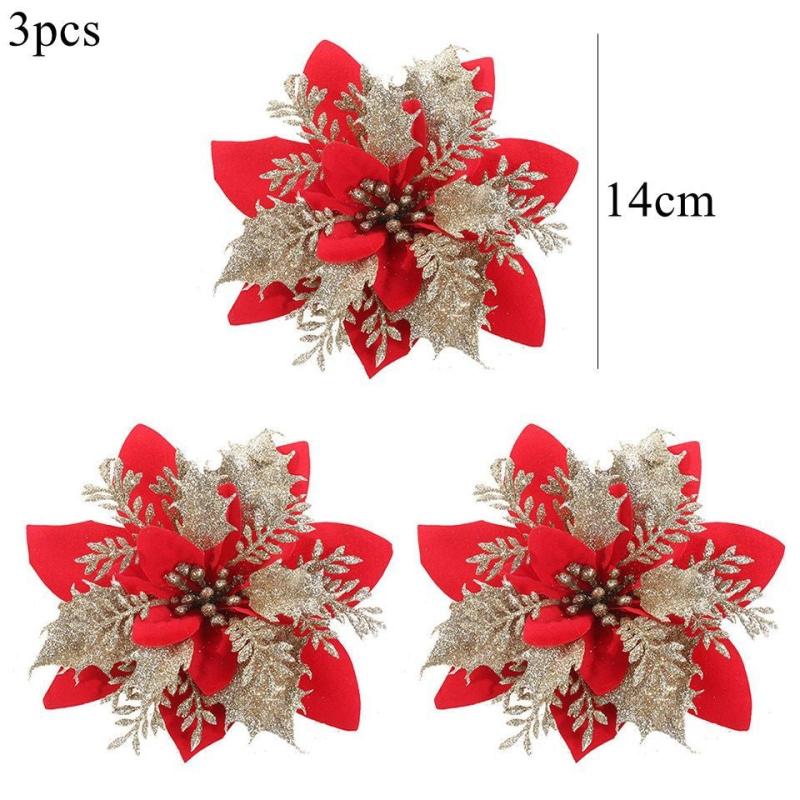 3pcs Sparkling Poinsettia Tree Ornaments for Christmas Decor
