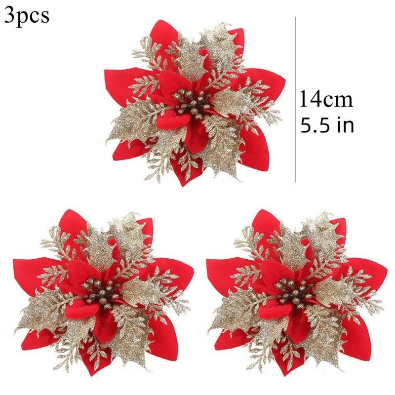 3pcs Sparkling Poinsettia Tree Ornaments for Christmas Decor