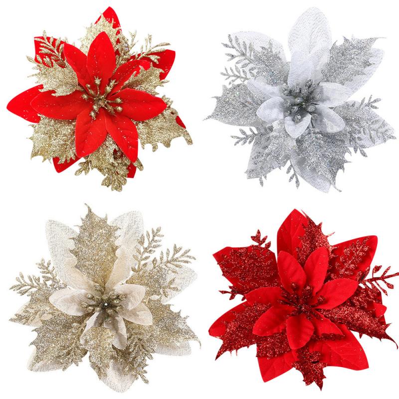 3pcs Sparkling Poinsettia Tree Ornaments for Christmas Decor