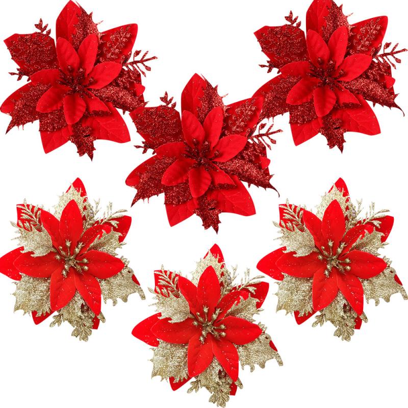 3pcs Sparkling Poinsettia Tree Ornaments for Christmas Decor