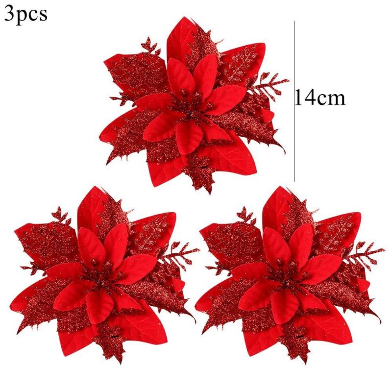 3pcs Sparkling Poinsettia Tree Ornaments for Christmas Decor