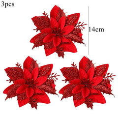 3pcs Sparkling Poinsettia Tree Ornaments for Christmas Decor
