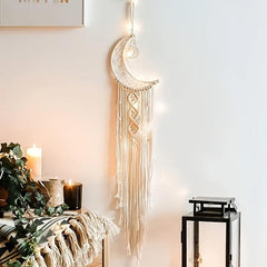 Moon Shaped Dream Catcher with Lights Boho Hanging Decoration for Bedroom