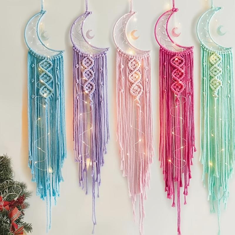 Moon Shaped Dream Catcher with Lights Boho Hanging Decoration for Bedroom