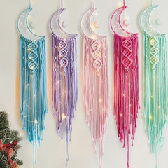 Moon Shaped Dream Catcher with Lights Boho Hanging Decoration for Bedroom