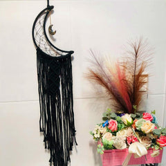 Moon Shaped Dream Catcher with Lights Boho Hanging Decoration for Bedroom