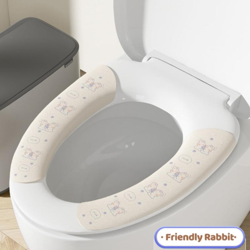 2pcs Rabbit Pattern Toilet Stickers Washable Mat Plush Seat Cover