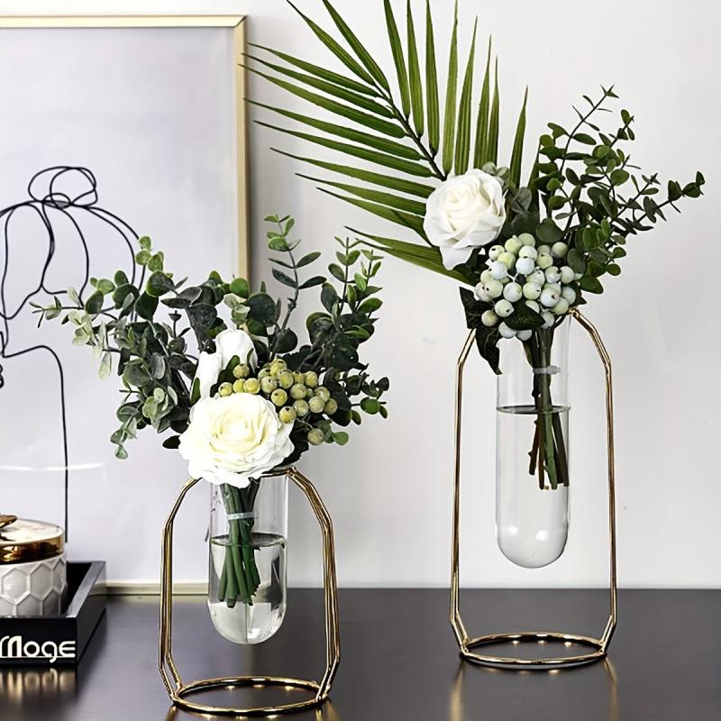 Golden Glass Vase With Metal Frame Hydroponics Vase