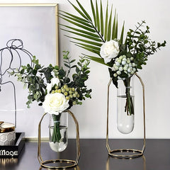 Golden Glass Vase With Metal Frame Hydroponics Vase
