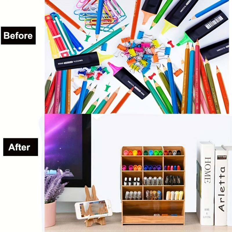 Wooden Desk Organizer DIY Pen Holder Office Art Supplies Storage