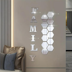 18pcs Hexagonal & FAMILY Letter Mirror Wall Stickers